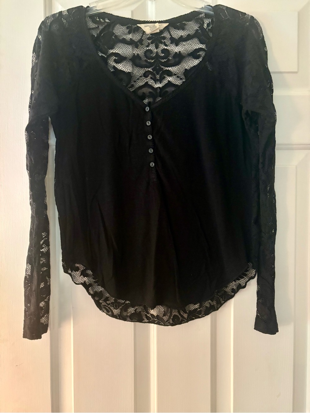 Denim & Supply Ralph Black V-Neck Henley Top w/ Lace Detail, Size XS